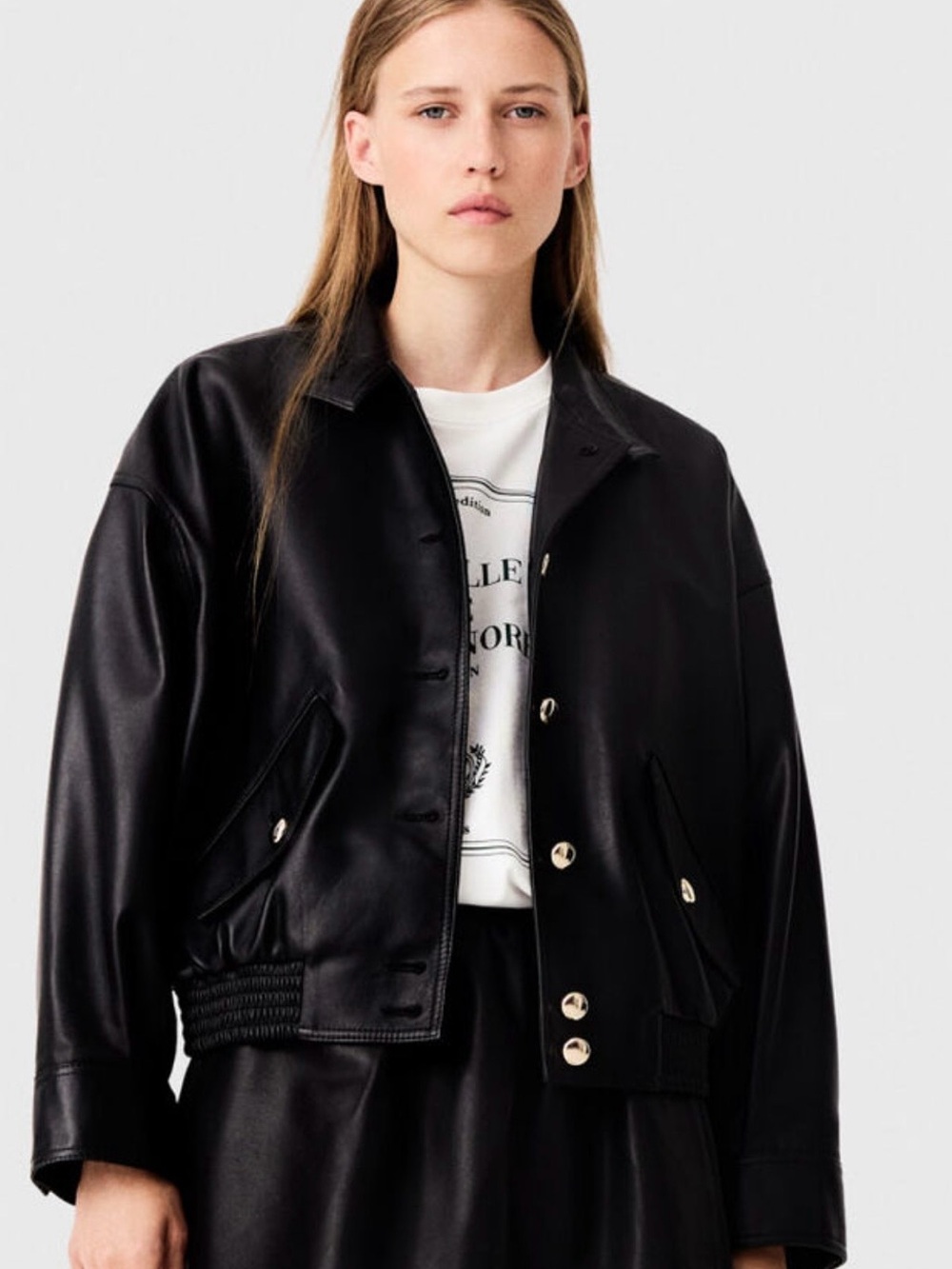 Maje fornnelBlack Leather Button-Front Jacket